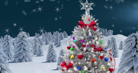 Image of winter scenery with christmas tree and snow falling on blue background