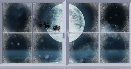 Image of silhouette of santa claus in sleigh being pulled by reindeer and winter christmas scene