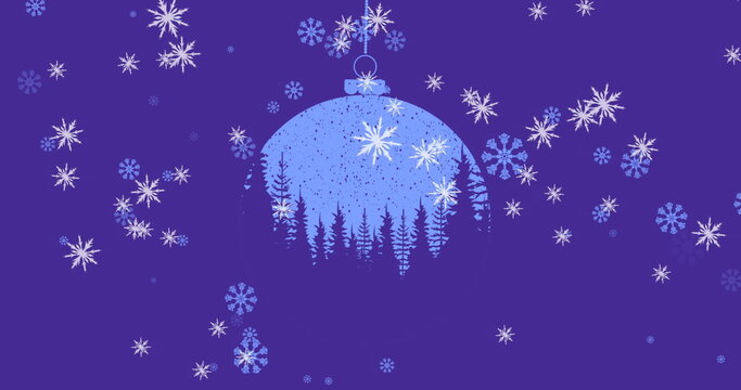 Image of blue and purple christmas bauble decoration and snowflakes falling on purple background