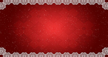 Image of snow falling against christmas pattern decoration on red
