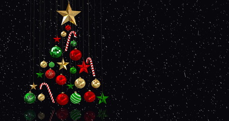 Image of baubles christmas tree with snow falling on black background