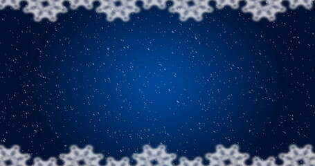 Image of snow falling against christmas pattern decoration on blue