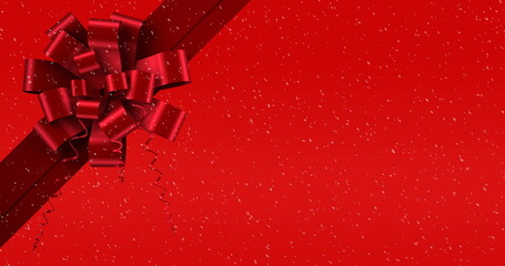 Image of snow falling against christmas present ribbon on red