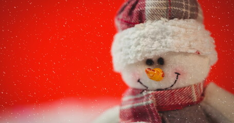 Image of snow falling against christmas snowman on red