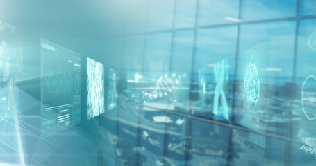 Image of medical data processing on computer screens over cityscape