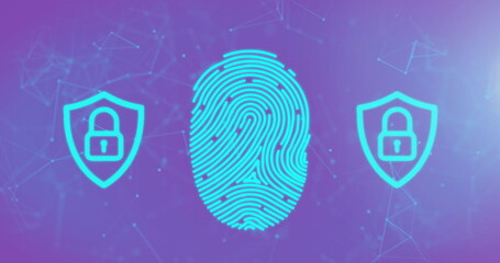 Image of biometric fingerprint with online security padlocks over network of connections