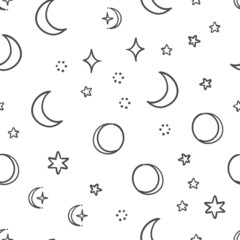 Celestial doodles seamless pattern. Hand drawn stars, planets and moons background texture.