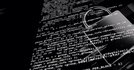 Image of data processing and online security digital padlock on black background