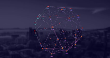 Globe of arrow spinning against cityscape