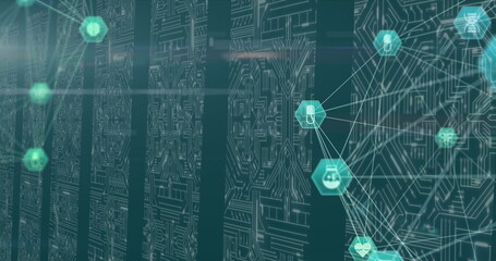 Globe of digital icons against microprocessor