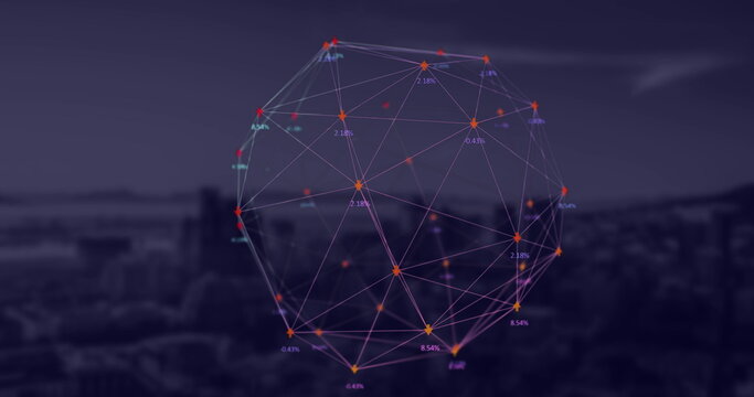 Globe of arrow spinning against cityscape - Powered by Adobe