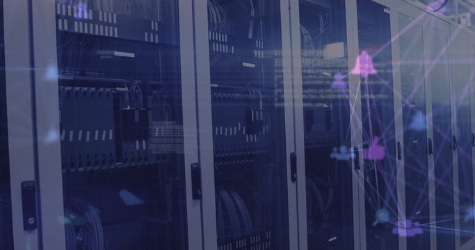 Globe of digital icons against server room