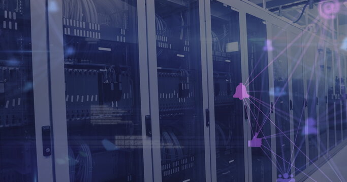 Globe of digital icons against server room