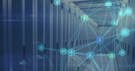 Network of connections icons against server room