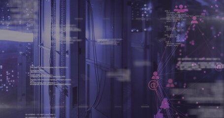 Globe of digital icons against server room