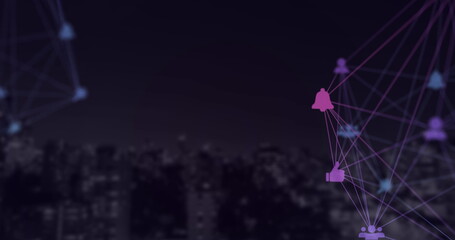 Globe of digital icons against cityscape