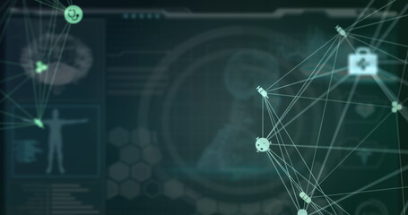 Globe of digital icons against medical interface
