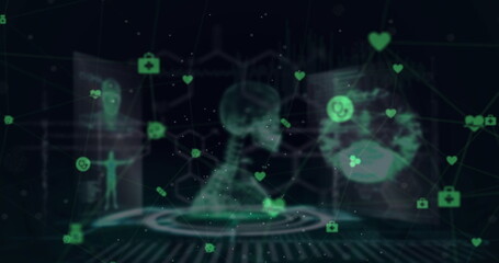 Network of connections icons against digital human skeletons