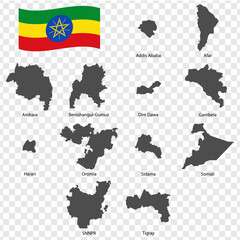 Twelve Maps  of  Ethiopia - alphabetical order with name. Every single map of Regions are listed and isolated with wordings and titles.  Republic of Ethiopia. EPS 10. - obrazy, fototapety, plakaty