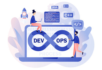 DevOps process on laptop. Tiny programmers practice of development and software operations. Software engineering culture. Modern flat cartoon style. Vector illustration on white background - obrazy, fototapety, plakaty