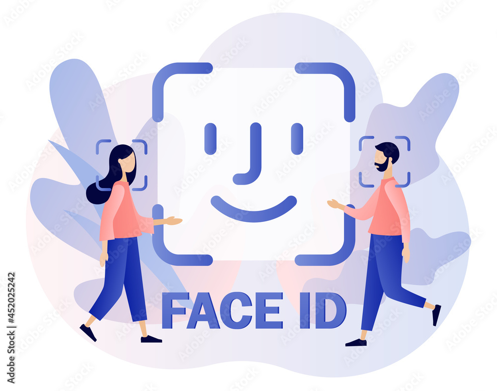 Poster face id - big sign. tiny people scans and recognition faceusing laser. data security. biometric iden