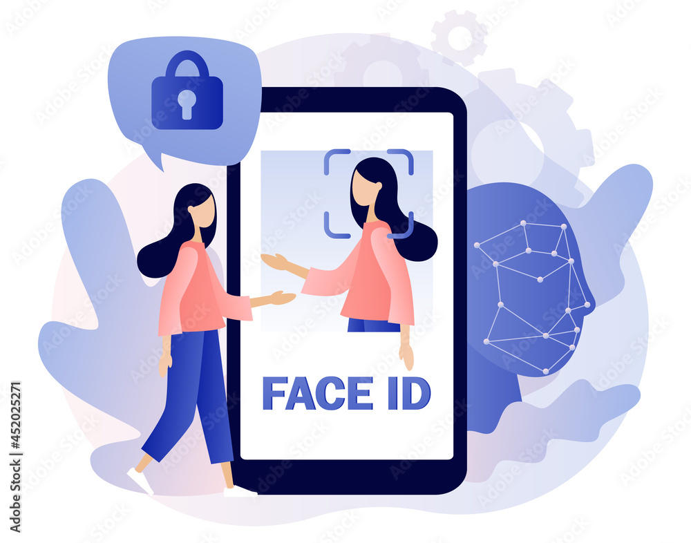 Poster face id in smartphone app. tiny woman scans and recognition faceusing laser use smartphone. data sec