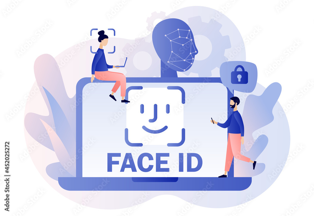 Poster face id concept. tiny people scans and recognition faceusing laser in laptop. data security. biometr