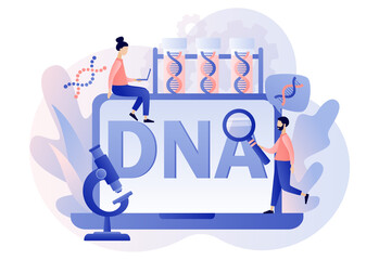 Genetic DNA Science. Tiny scientist investigating and testing DNA with laptop in laboratory. Gene helix sign. Lab equipment. Modern flat cartoon style. Vector illustration on white background
