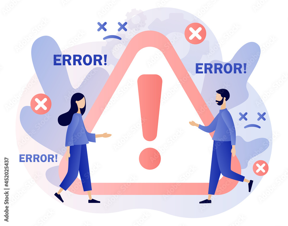 Poster error message big sign. tiny people and operating system error warning window. modern flat cartoon s