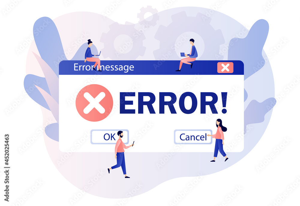 Poster error message. tiny people examining operating system error warning window. modern flat cartoon styl