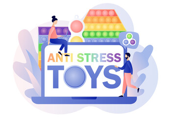 Antistress toys - text on laptop screen. Pop it and Simple dimple. Trendy fidget sensory. Tiny people play hand colorful toy with push bubbles. Modern flat cartoon style. Vector illustration