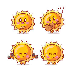 Cute and Kawaii Sun Sticker Illustration Set With Various Activity and Expression (apologize, beg, play guitar, workout, happy) for mascot