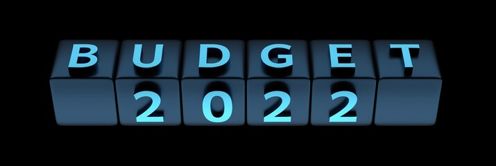 Wide web banner with word budget 2022 on rotated cubes in black blue colors.