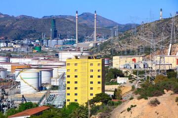 Cartagena, Spain 08/16/2019: large chimneys in an oil refinery