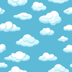 White clouds seamless pattern on blue background. Blue sunny sky. Vector illustration. Design elements in flat style