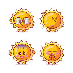 Cute and Kawaii Sun Sticker Illustration Set With Various Activity and Expression (nerd, upset, fearful, give present) for mascot