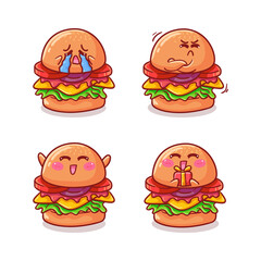 Cute and Kawaii Burger Sticker Illustration Set With Various Activity and Expression (cry, happy, upset, give present) for mascot