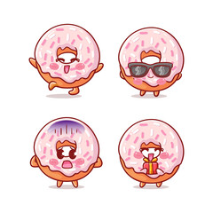 Cute and Kawaii Doughnut Sticker Illustration Set With Various Activity and Expression (happy, hooray, wear sunglasses, fearful, give present) for mascot