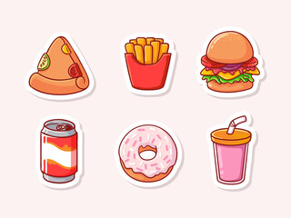 Cute Fast Food (Pizza, French Fries, Burger, Cola Drink, Doughnut, Milkshake) Sticker Illustration Set