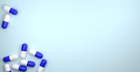 Blue and white pills on a light background with place for text. Biological supplements, vitamins, medicines for health. Horizontally.