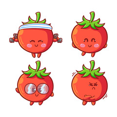 Cute and Kawaii Tomatoes Sticker Illustration Set With Various Activity and Expression (Workout, smile, glasses, upset) for mascot