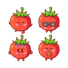 Cute and Kawaii Tomatoes Sticker Illustration Set With Various Activity and Expression (happy, hooray, sunglasses, fearful, give present) for mascot