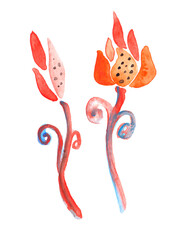 Hand drawn watercolor decorative Lilies. Doodle illustration.