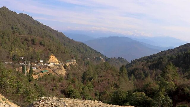 multilayer mountain range of himalaya with valley view and amazing sky at day from flat angle