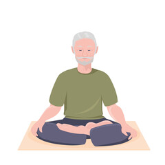 An elderly man does yoga, sits in the lotus position, meditates. The concept of concentration, calmness and a healthy lifestyle. Vector illustration in a flat style, isolated on a white background.