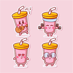 Cute and Kawaii Pink milkshake Sticker Illustration Set With Various Activity and Expression (play guitar, workout, kiss, nerd) for mascot