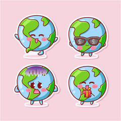 Fototapeta premium Cute and Kawaii Earth Globe Sticker Illustration Set With Various Activity and Expression (happy, hooray, sunglasses, fearful, give present) for mascot
