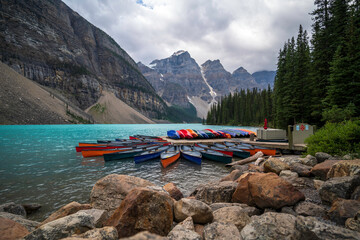Moraine Lake view from boat launch on a cloudy day - Lake Louise Banff National Park