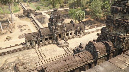 Angkor Thom ancient temples from the Khmer Empire at the Angkor Wat complex of Cambodia.
