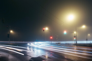 Light trail of cars passing crossroad at foggy night..